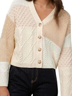 Rails Reese Patchwork Cable Knit Cardigan Cream & Beige Size M
